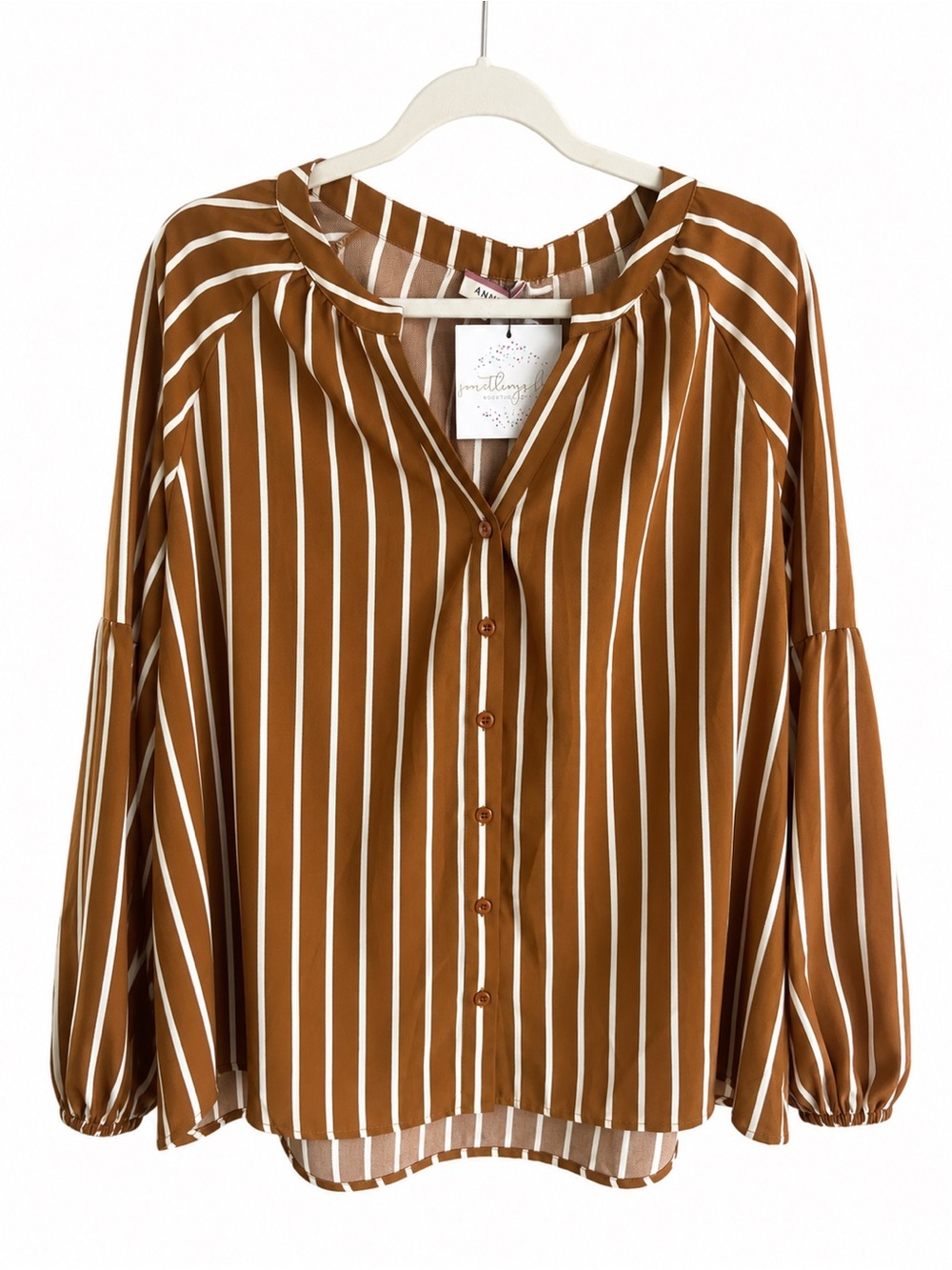 ANDREE BY UNIT Brown and White Striped Button-Front Blouse